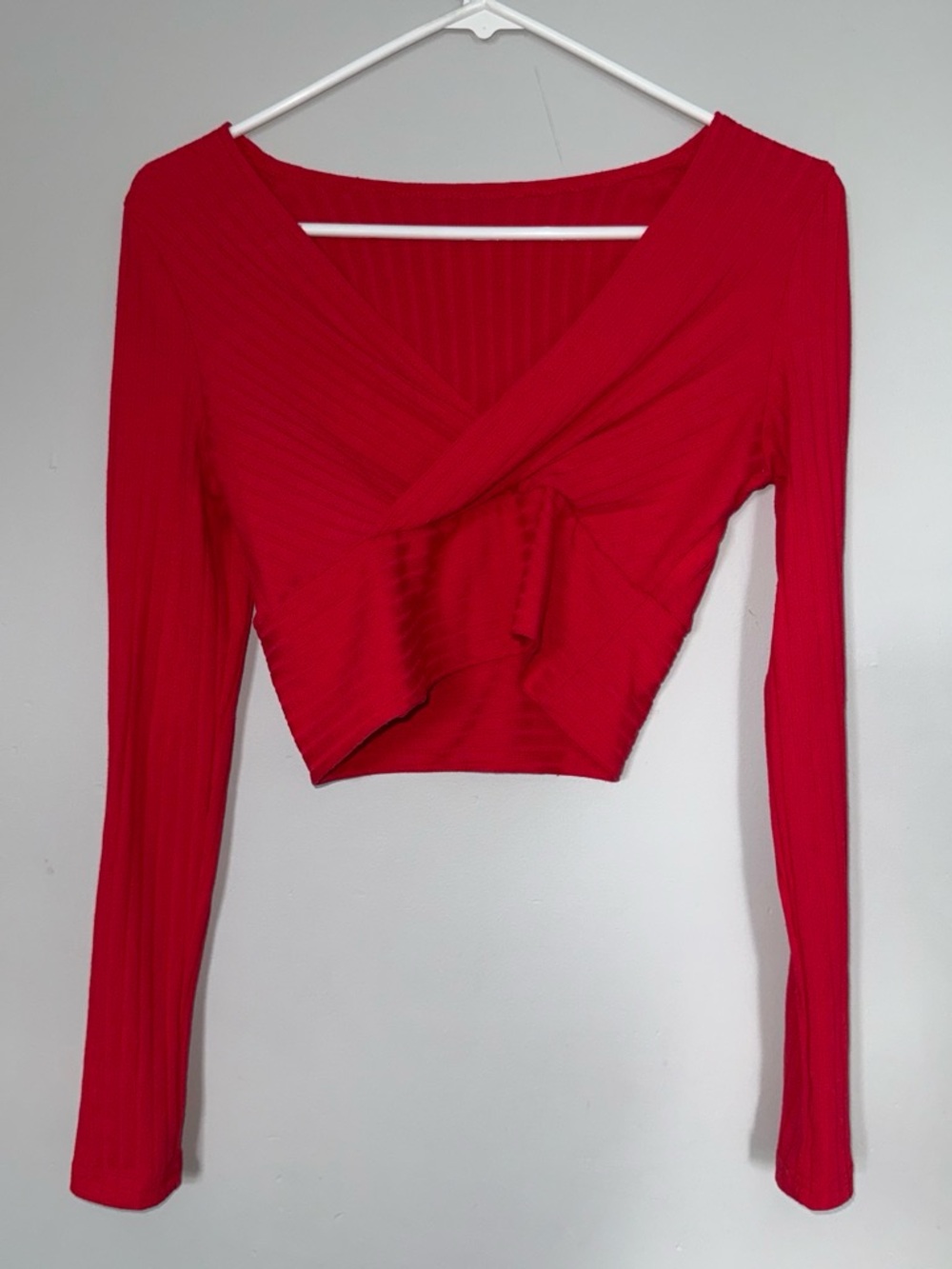 SHEIN Red Ribbed Wrap Long-Sleeve Crop Top
